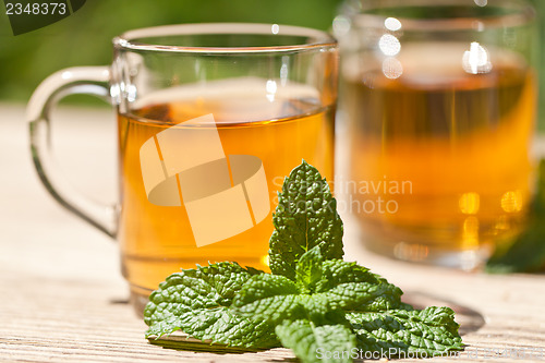 Image of herbal peppermint tea closeup macro outdoor summer