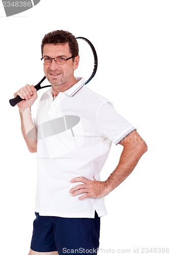 Image of smiling adult tennis player with racket isolated