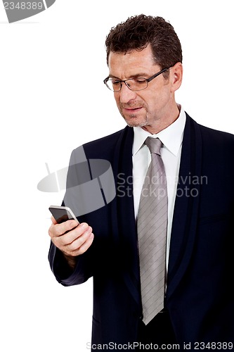 Image of adult businessman with smartphone mobilephone isolated