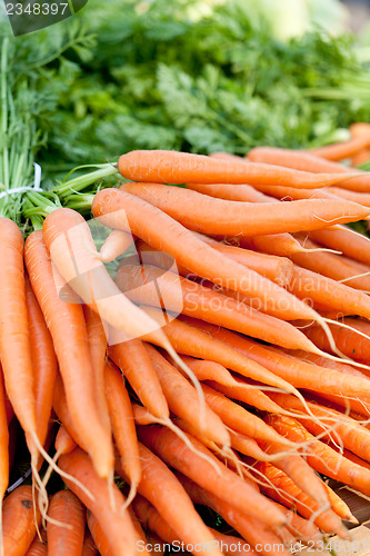 Image of fresh orange carrots on market in summer