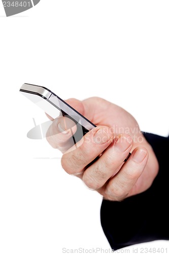 Image of adult businessman with smartphone mobilephone isolated