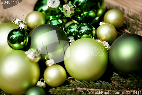 Image of shiny green christmas baubles closeup macro and tree 