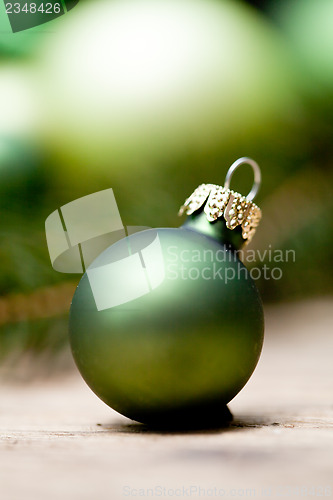 Image of shiny green christmas baubles closeup macro and tree 