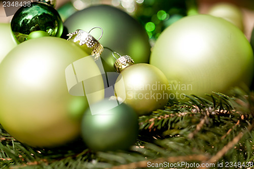 Image of shiny green christmas baubles closeup macro and tree 