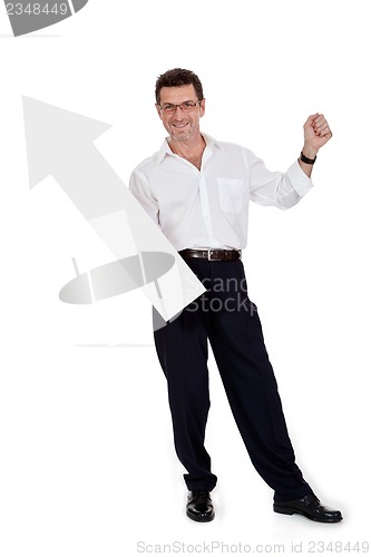 Image of adult smiling businessman red signboard pointing isolated