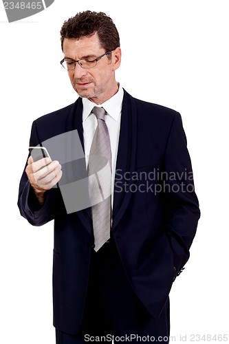 Image of adult businessman with smartphone mobilephone isolated