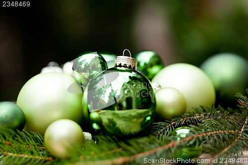 Image of shiny green christmas baubles closeup macro and tree 
