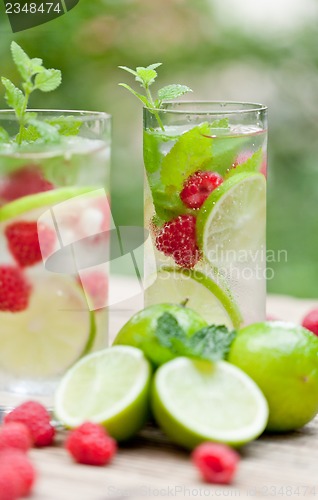 Image of fresh cold drink water ice cubes peppermint lime raspberry