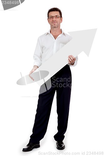 Image of adult smiling businessman red signboard pointing isolated