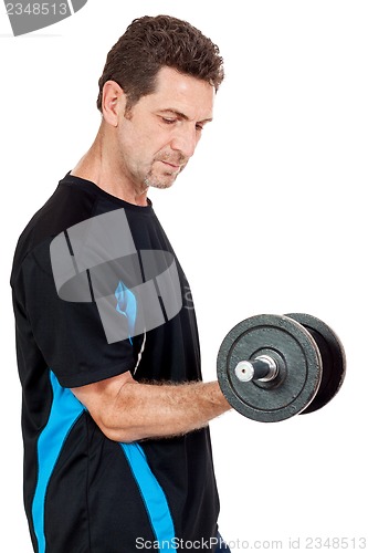 Image of adult attractive man with iron dumbbell isolated