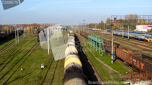 Image of The cars of a freight train and tank trucks