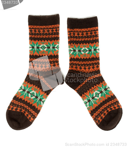 Image of pair of wool socks with a pattern