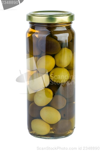 Image of Glass jar with green and black olives