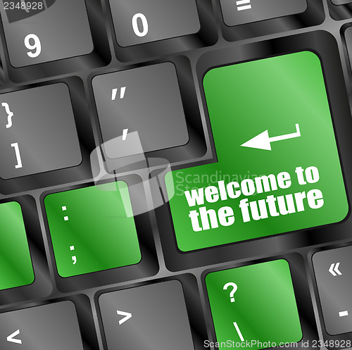 Image of welcome to the future text on laptop keyboard key