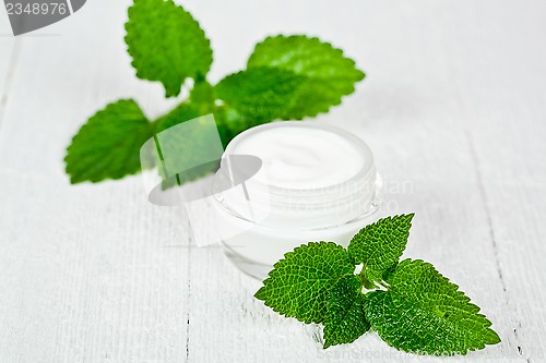 Image of face cream in glass jar with green leaves of urtica