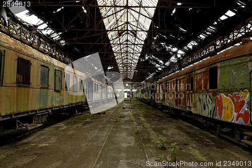 Image of Cargo trains in old train depot