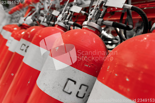 Image of Large CO2 fire extinguishers in a power plant