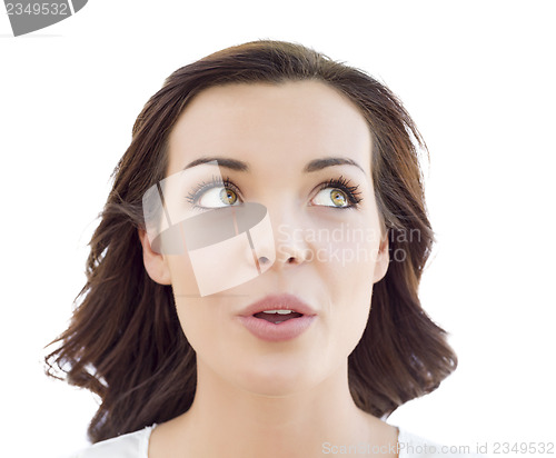 Image of Pensive Young Adult Woman Looking Up on White