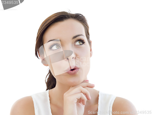 Image of Pensive Young Adult Woman Looking Up on White