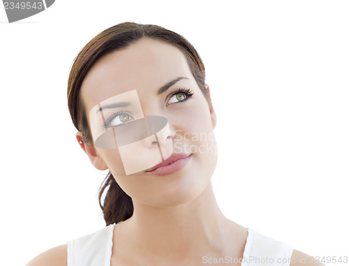 Image of Pensive Young Adult Woman Looking Up on White