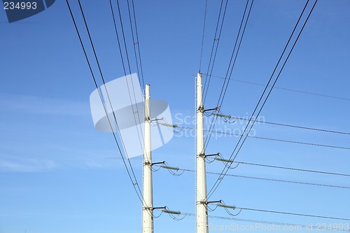 Image of Two white electricity pylons and stretching wires