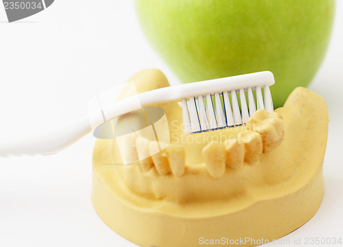 Image of Dental health care concept, green apple and toothbrush