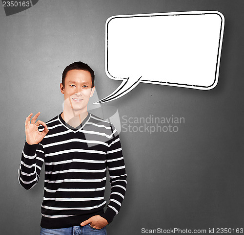 Image of Asian Man In Striped with Speech Bubble