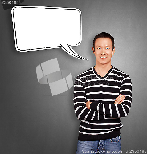 Image of Asian Man In Striped with Speech Bubble