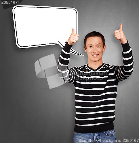 Image of Asian Man In Striped with Speech Bubble