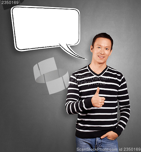 Image of Asian Man In Striped with Speech Bubble