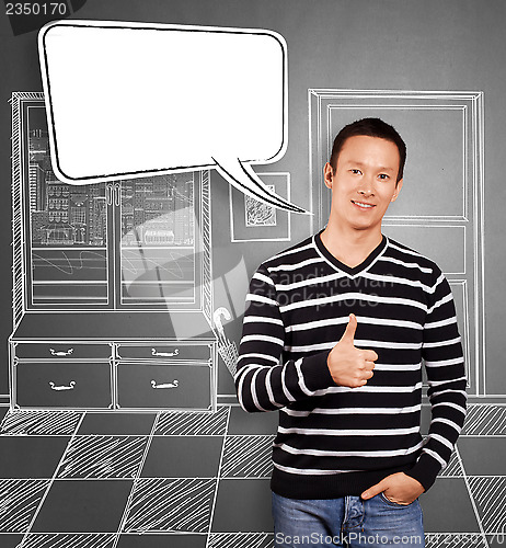 Image of Asian Man In Striped with Speech Bubble