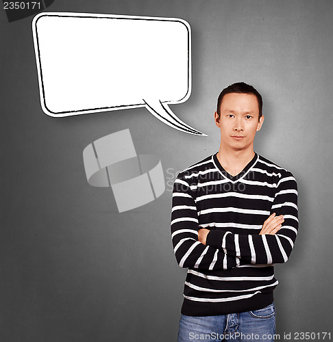 Image of Asian Man In Striped with Speech Bubble