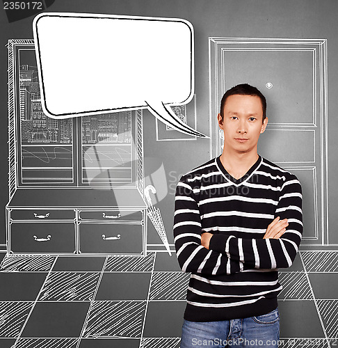 Image of Asian Man In Striped with Speech Bubble