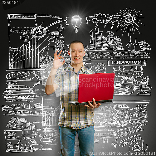 Image of Idea Concept asian male with laptop in his hands shows OK
