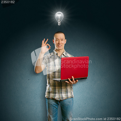 Image of Idea Concept asian male with laptop in his hands shows OK