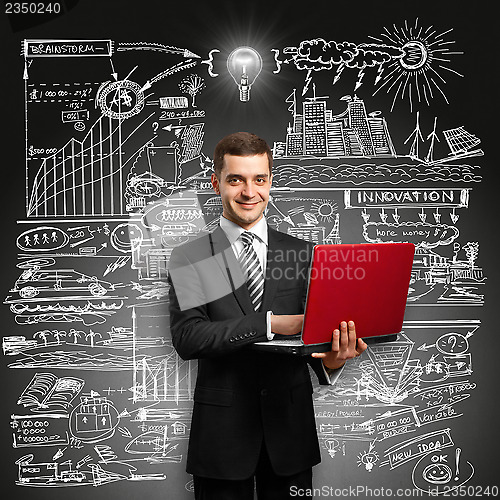 Image of Idea Concept male in suit with laptop in his hands