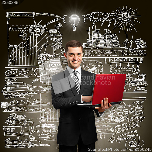 Image of Idea Concept male in suit with laptop in his hands