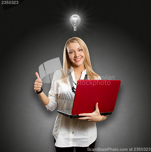 Image of Idea Concept female with laptop shows well done