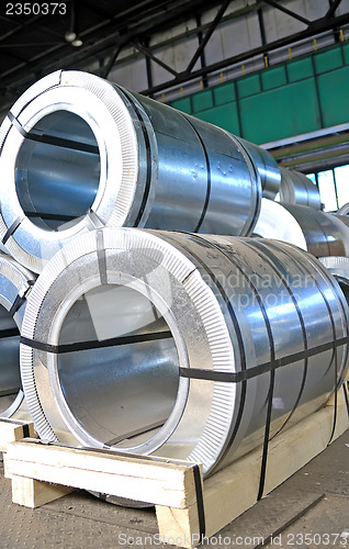Image of rolls of steel sheet in a warehouse