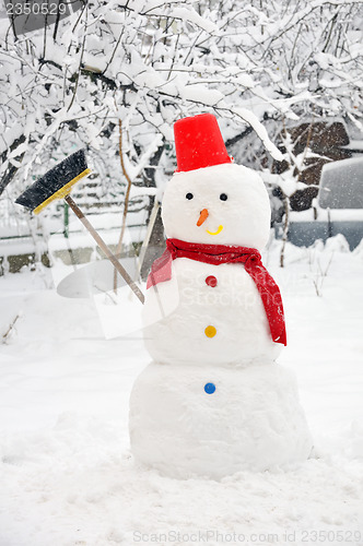 Image of snowman on snowy garden