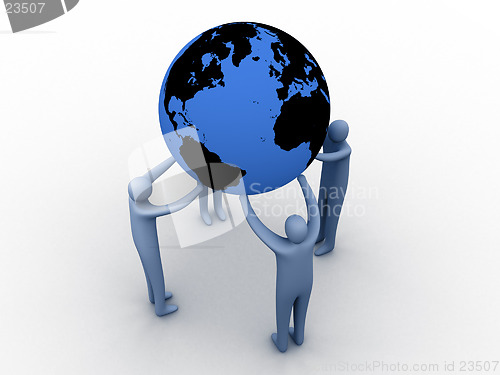 Image of 3d people holding earth on their hands.