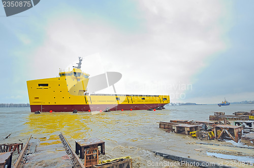 Image of launching ceremony of a ship in the shipyard
