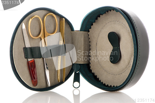 Image of Small green leather travel care kit