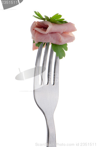 Image of Slice of ham skewered on a fork 