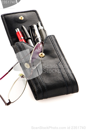 Image of Leather pencil case and glasses