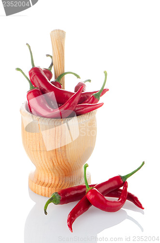 Image of Red chili in wooden mortar 