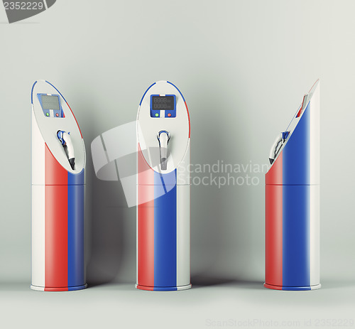 Image of Eco fuel: three charging stations with Russian flag pattern