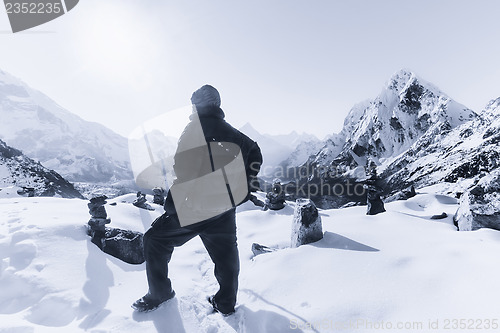 Image of Mountain climbing: Alpinist on the peak in the Himalaya 