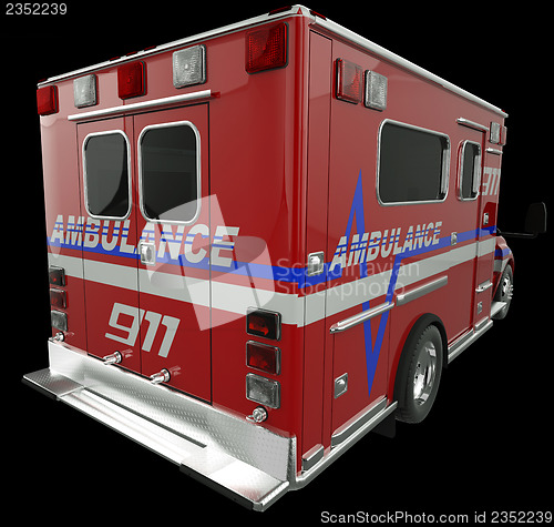 Image of Ambulance: Rear view of emergency services vehicle on black