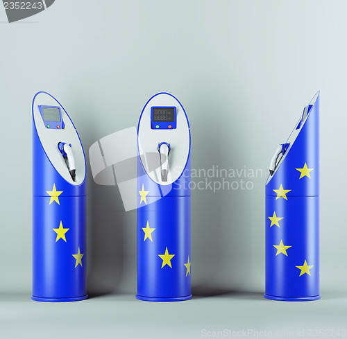 Image of Eco fuel: three charging stations with EU flag pattern